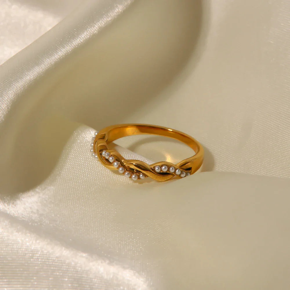 18-karaat Goud Vergulde Verstelbare Gedraaide Kleine Parel Ring