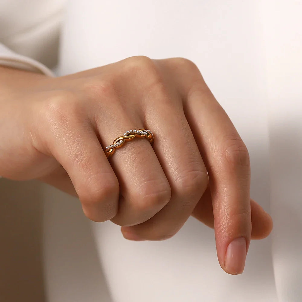 18-karaat Goud Vergulde Verstelbare Gedraaide Kleine Parel Ring