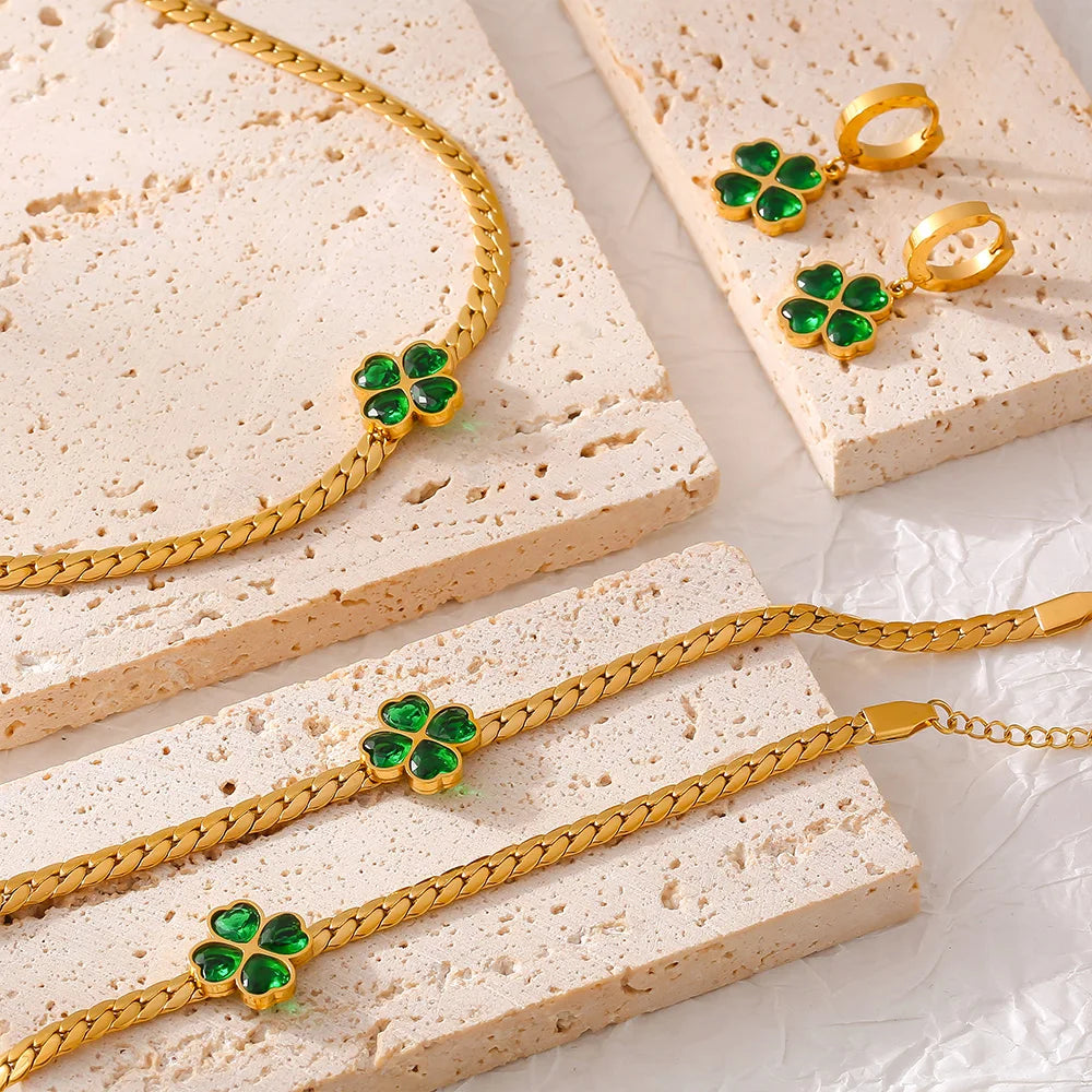 18K Vergulde Set | 18K Vergulde Luxe Set Met Klaver Kristal