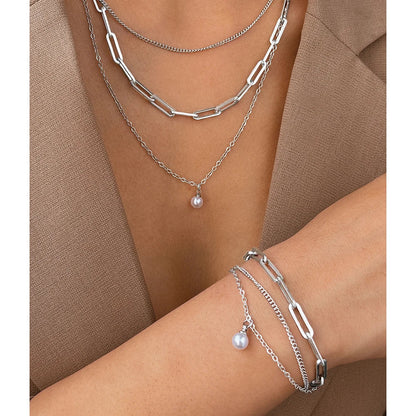 925 Sterling Zilver Verguld Set: Drielagige Ketting En Armband Met Parel
