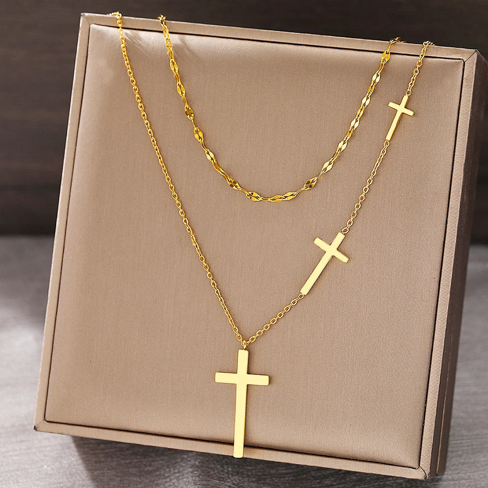 18-karaat Goud Vergulde Choker-ketting Met 3 Kruizen