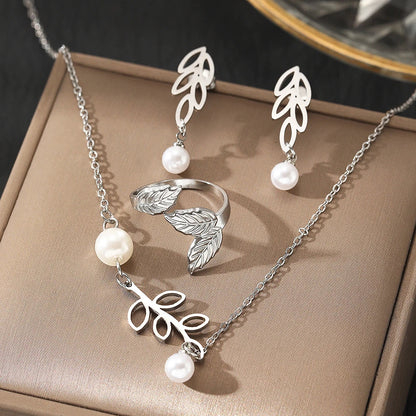 925 Sterling Zilver Verguld Blad Sieradenset Met Parel