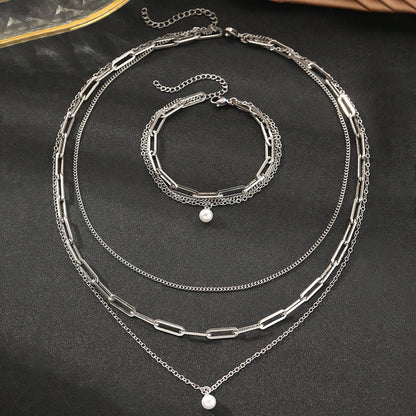 925 Sterling Zilver Verguld Set: Drielagige Ketting En Armband Met Parel