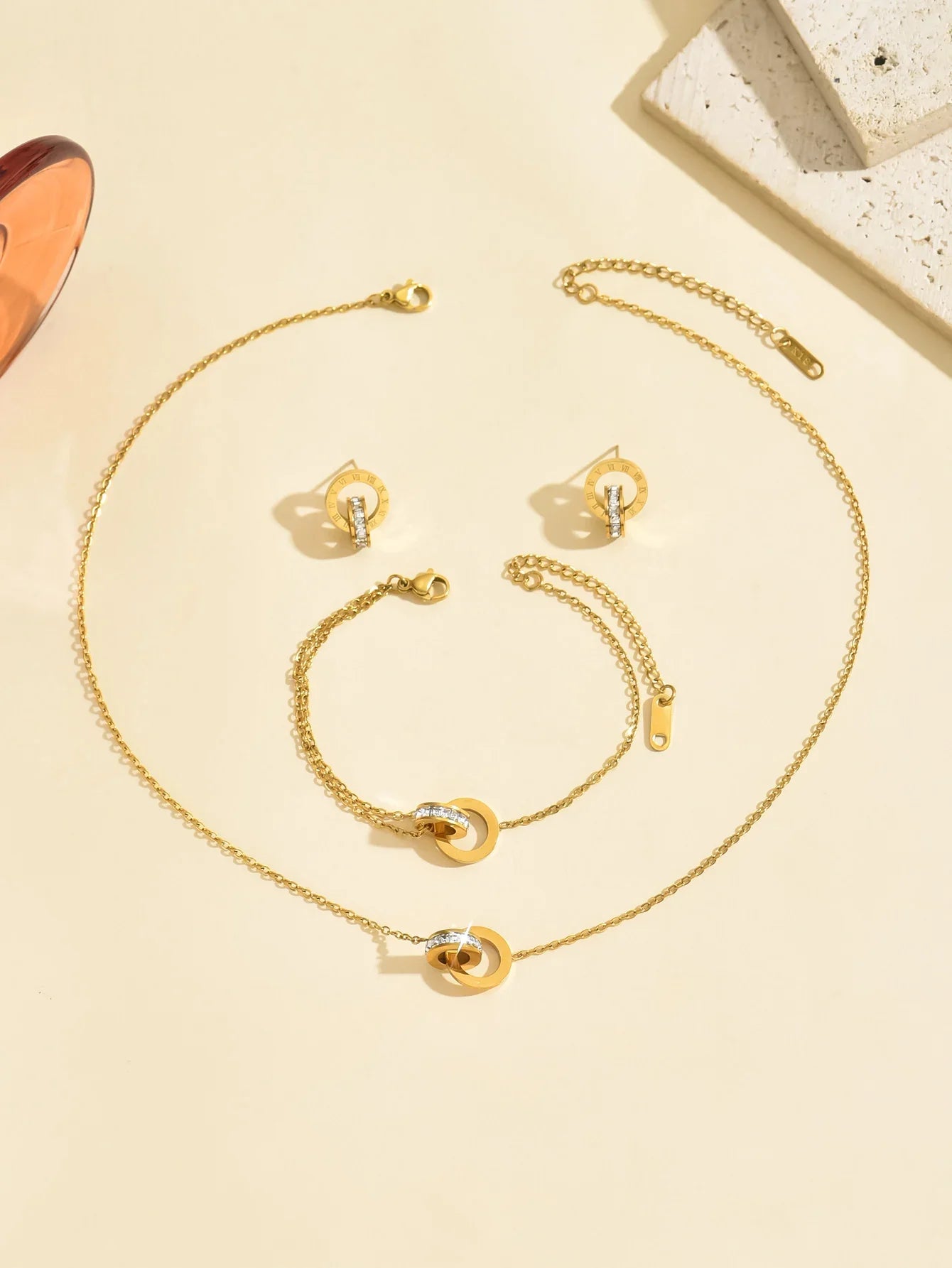 18-karaat Goud Verguld Luxe Set Oorbellen, Ketting, Armband