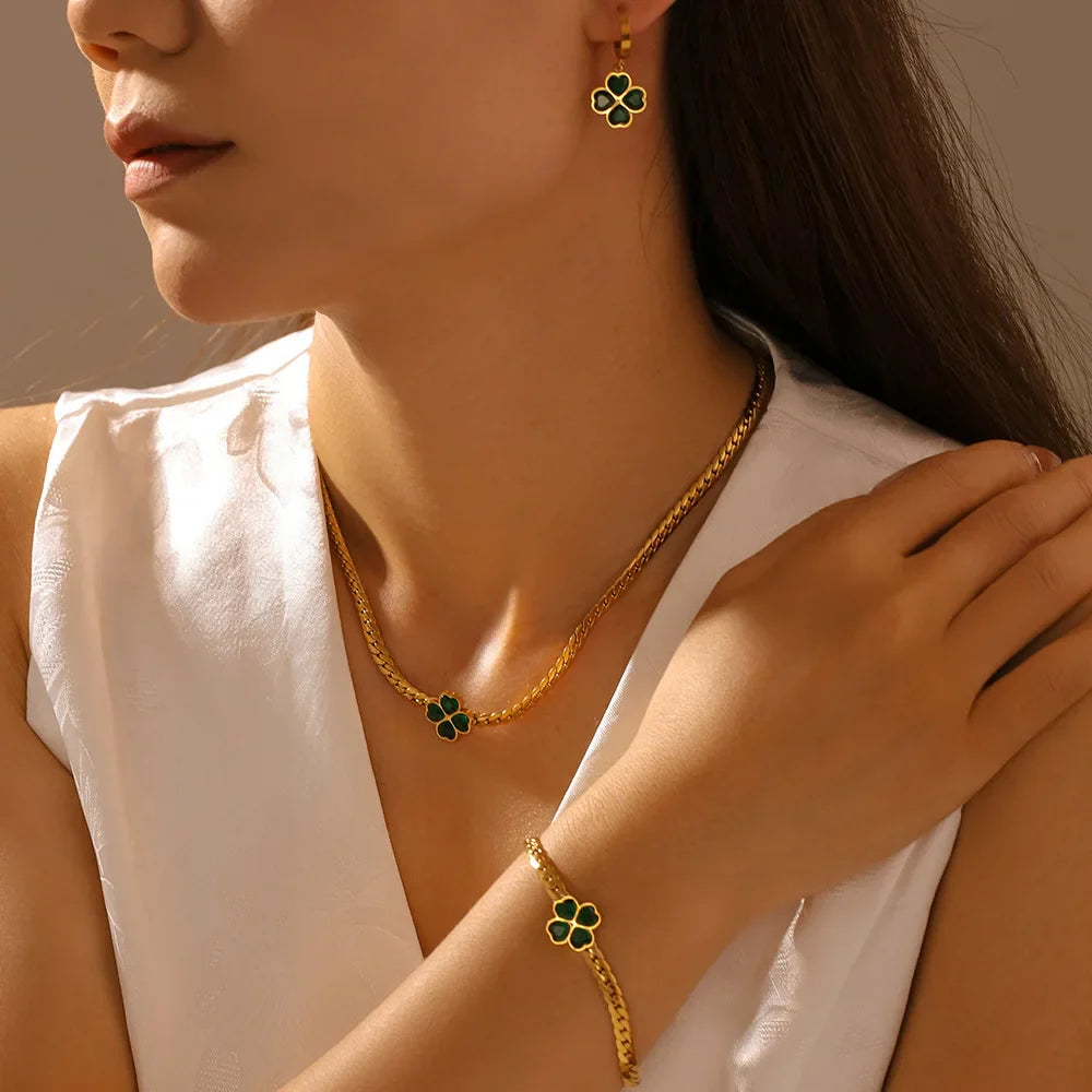 18K Vergulde Set | 18K Vergulde Luxe Set Met Klaver Kristal