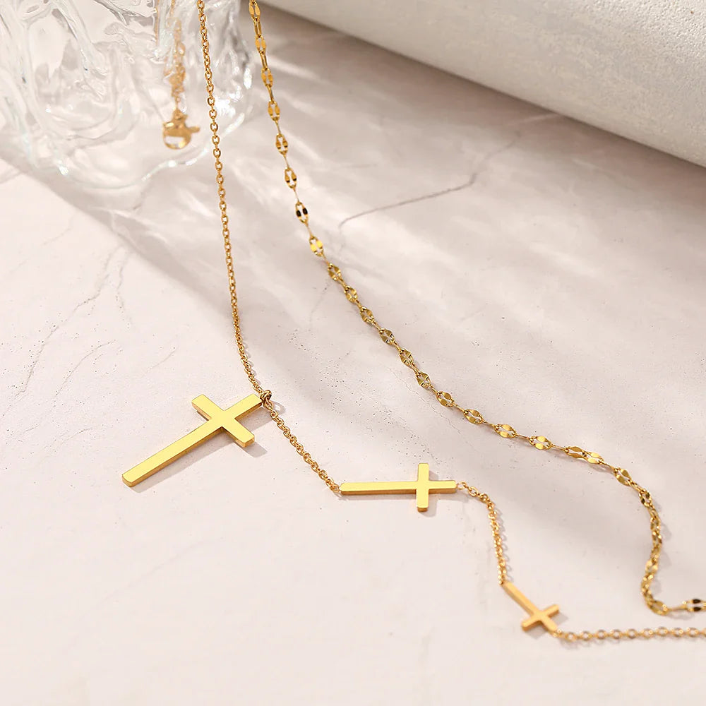 18-karaat Goud Vergulde Choker-ketting Met 3 Kruizen