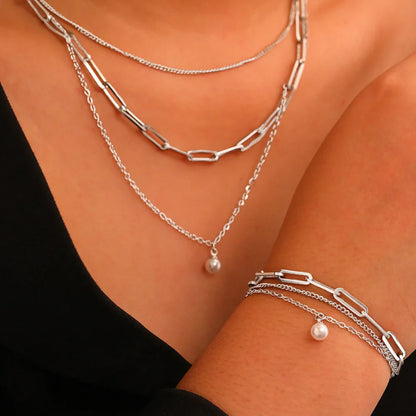 925 Sterling Zilver Verguld Set: Drielagige Ketting En Armband Met Parel