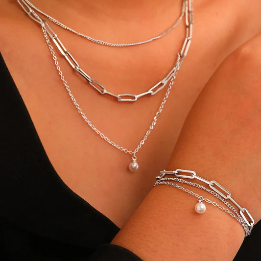 925 Sterling Zilver Verguld Set: Drielagige Ketting En Armband Met Parel