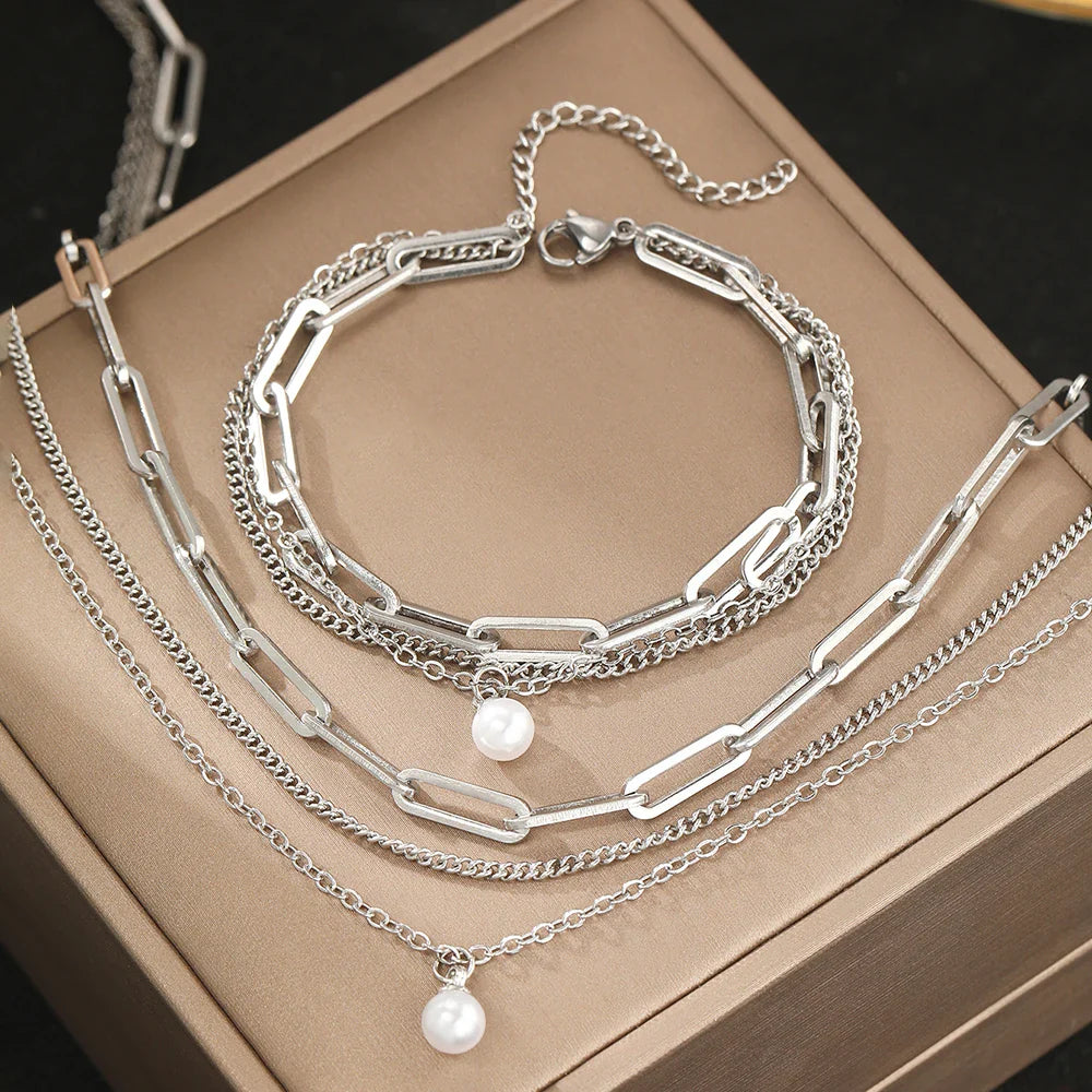 925 Sterling Zilver Verguld Set: Drielagige Ketting En Armband Met Parel