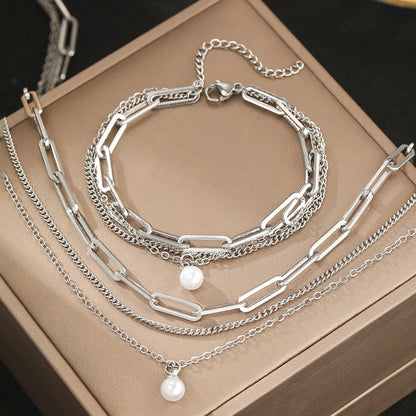 925 Sterling Zilver Verguld Set: Drielagige Ketting En Armband Met Parel