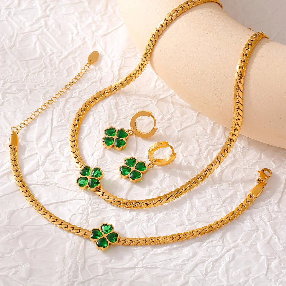 18K Vergulde Set | 18K Vergulde Luxe Set Met Klaver Kristal
