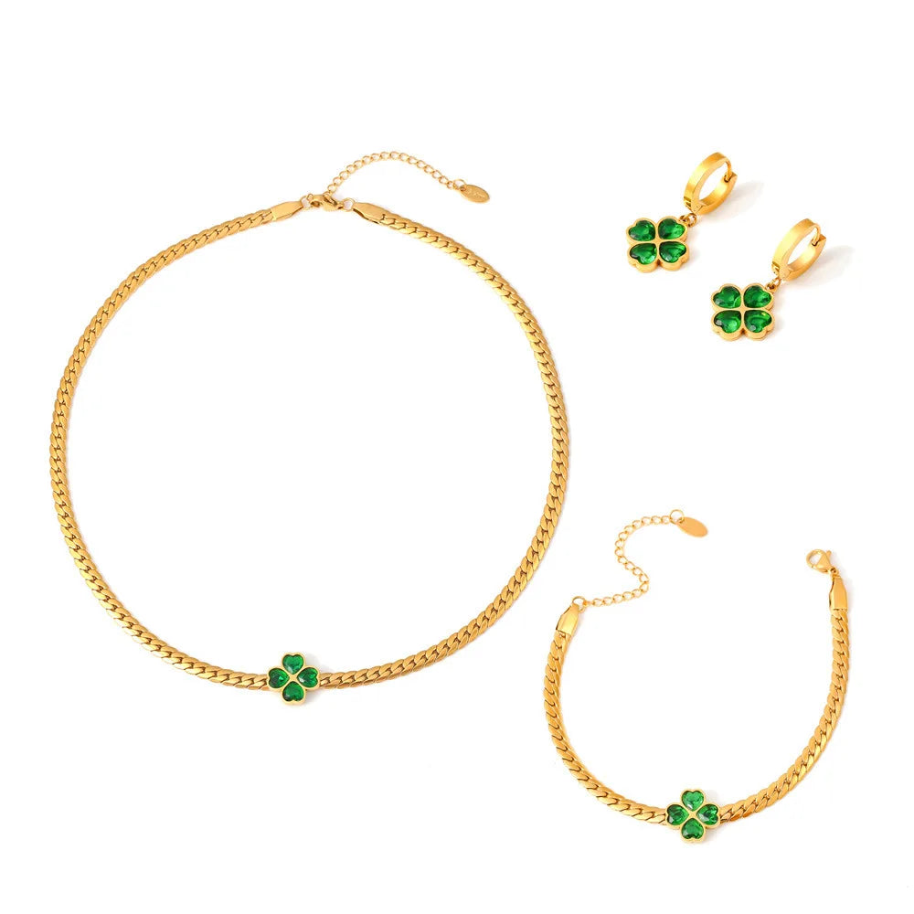 18K Vergulde Set | 18K Vergulde Luxe Set Met Klaver Kristal