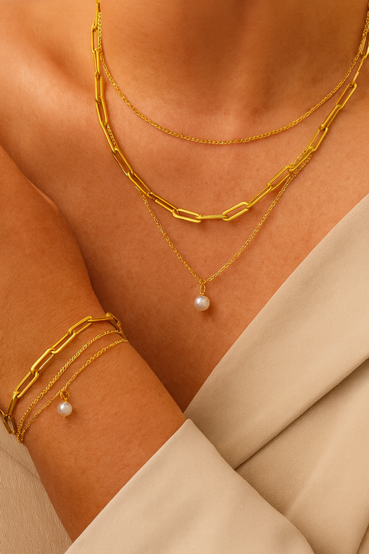 18K Vergulde Set | Set: Drielagige En Armband Met Parel